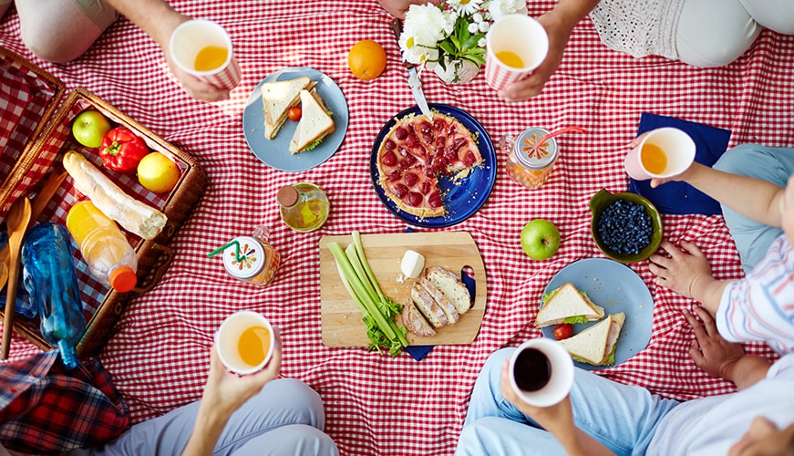 Aerial view of a picnic on a red checkered blanket featuring people holding cups. The spread includes sandwiches, a berry tart, cheese with bread, celery, blueberries, an apple, oranges, and a wicker basket with more food items.