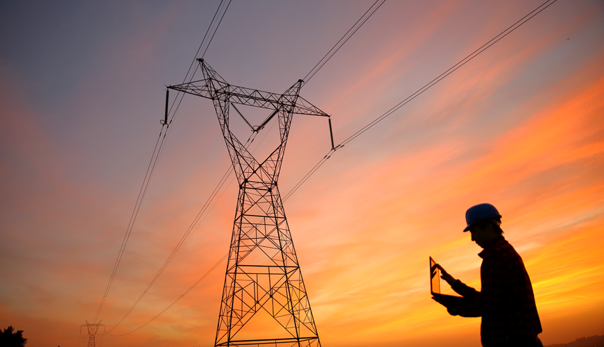 Silhouette of a person in a hard hat holding a tablet, standing near a towering electricity pylon. The sky is painted with shades of orange and pink from the sunset, creating a striking backdrop.