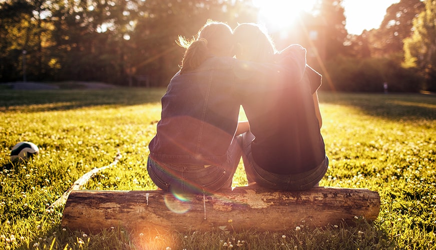 Two people sit closely on a log in a sunlit field, facing away. Their heads are touching as they hug, surrounded by grass and trees. The sun shines brightly behind them, creating a warm, peaceful atmosphere.