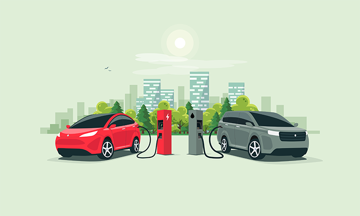 Illustration of two electric cars charging at a station. A red car and a gray SUV are connected to charging points. The background features a city skyline with buildings and greenery under a sunny sky.