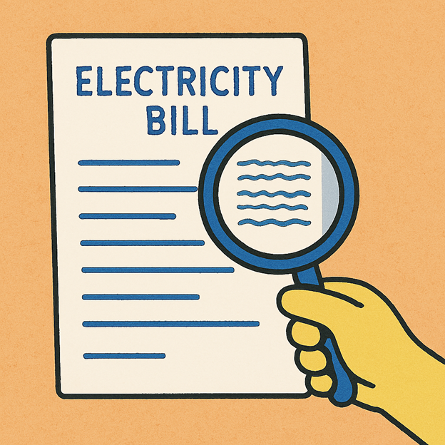 Ilustración de una mano que sostiene una lupa sobre un documento titulado FACTURA DE ELECTRICIDAD, con líneas de texto debajo del título, sobre un fondo marrón.