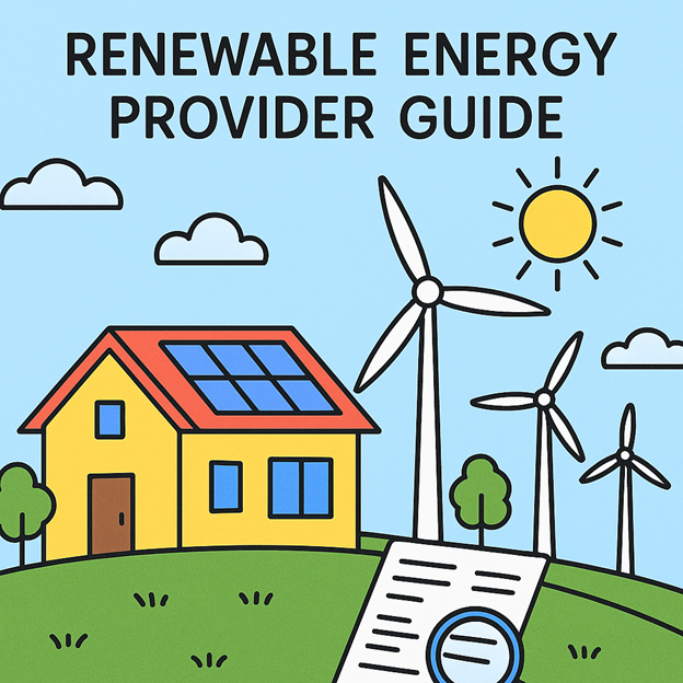 Ilustración de una casa con paneles solares, turbinas eólicas, árboles y un sol, con el texto Guía de proveedores de energía renovable arriba y un documento con una lupa en primer plano.