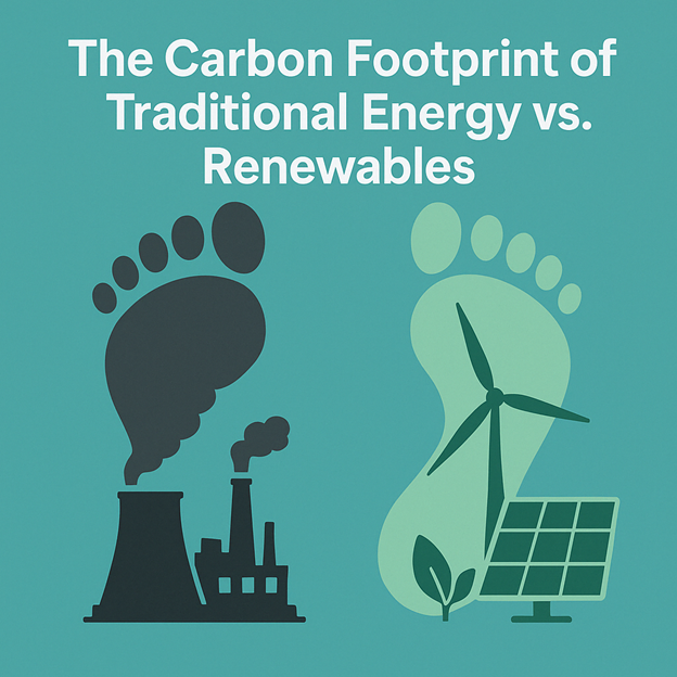 Ilustración que compara las huellas de carbono: una huella negra sobre una fábrica con humo para la energía tradicional, y una huella verde con una turbina eólica, un panel solar y una hoja para las energías renovables. El texto dice: «La huella de carbono de la energía tradicional frente a las renovables».