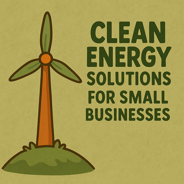 Ilustración de una turbina eólica en una colina cubierta de hierba junto a un texto en negrita que dice Soluciones de energía limpia para pequeñas empresas, sobre un fondo de textura verde.