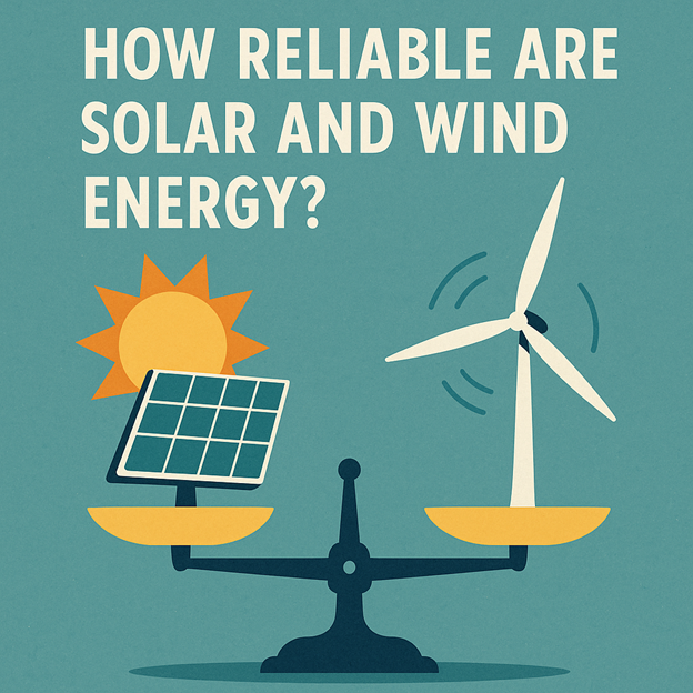 Ilustración de una balanza que equilibra un panel solar con un sol en un lado y una turbina eólica en el otro, con el texto ¿Qué tan confiables son la energía solar y eólica? arriba.